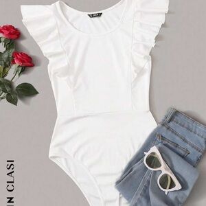 SHEIN White Ruffle Bodysuit with Flutter Sleeves